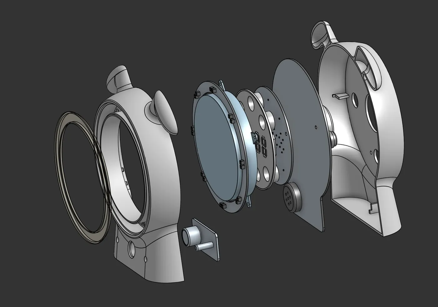 Exploded 3D view of the SilentBuddy unit showing the front and rear enclosures and internal layers